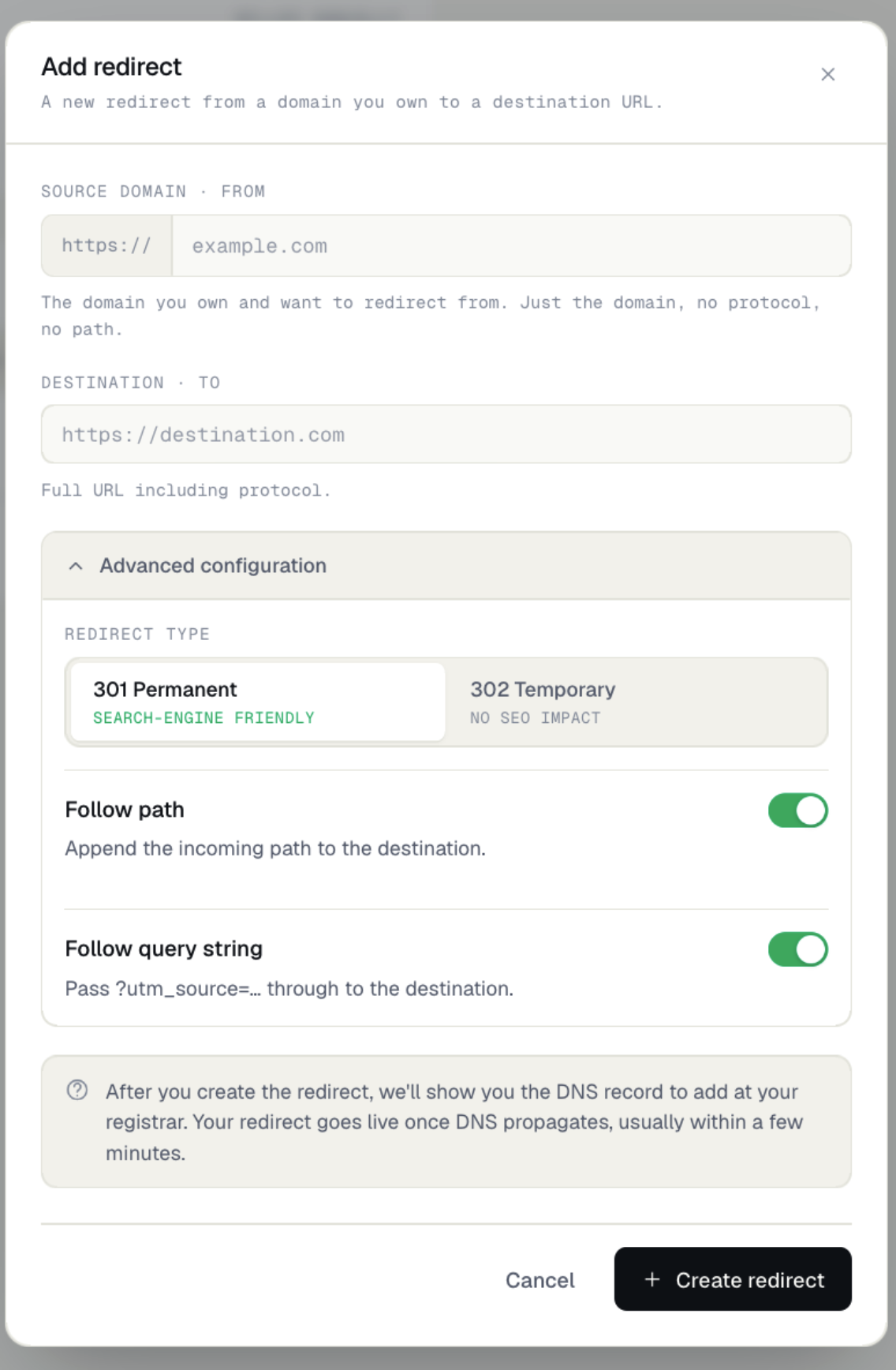 Add redirect modal showing source domain, destination URL, redirect type and follow options