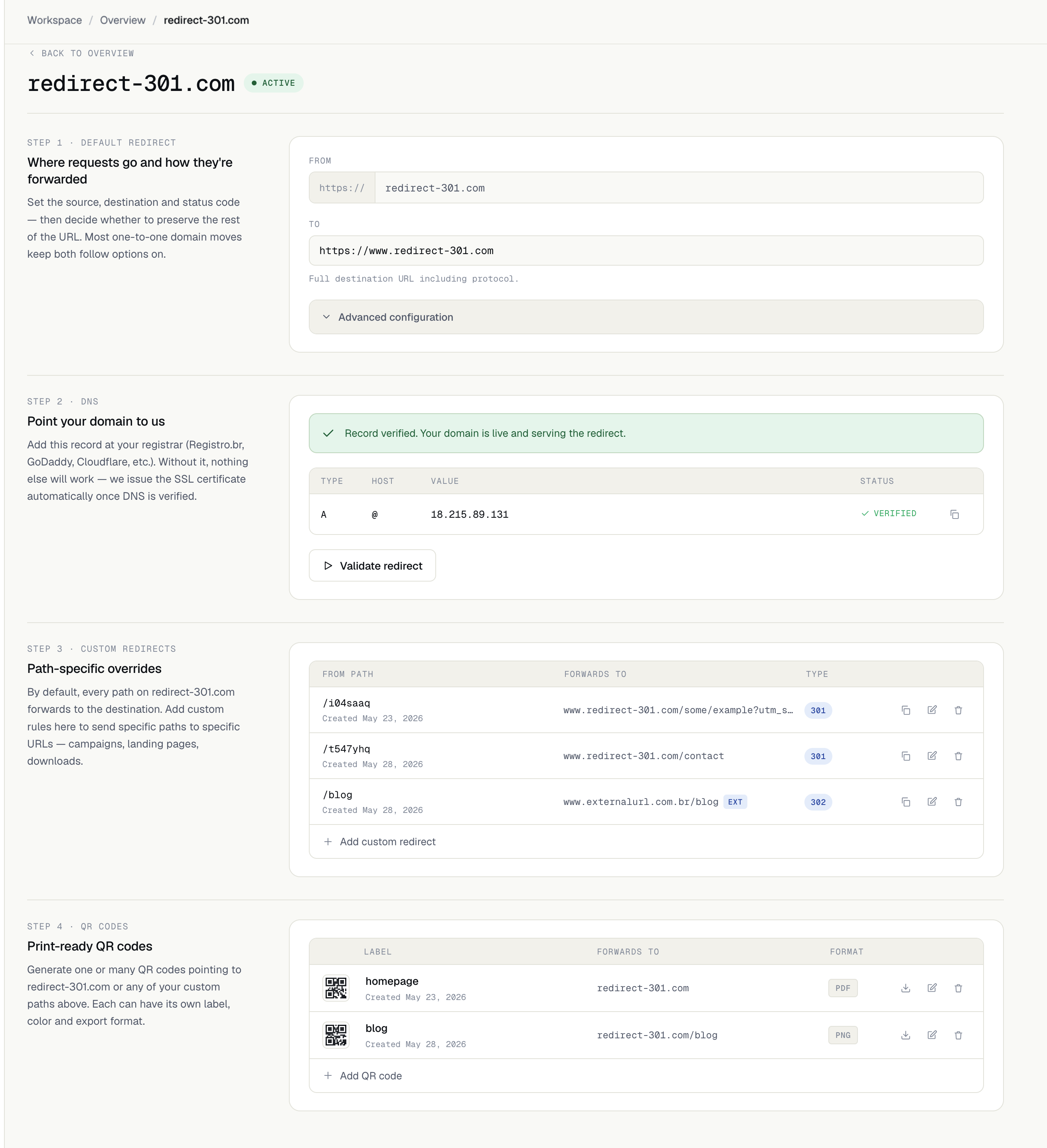 Redirect detail page showing the four sections: Default Redirect, DNS, Custom Redirects, and QR Codes