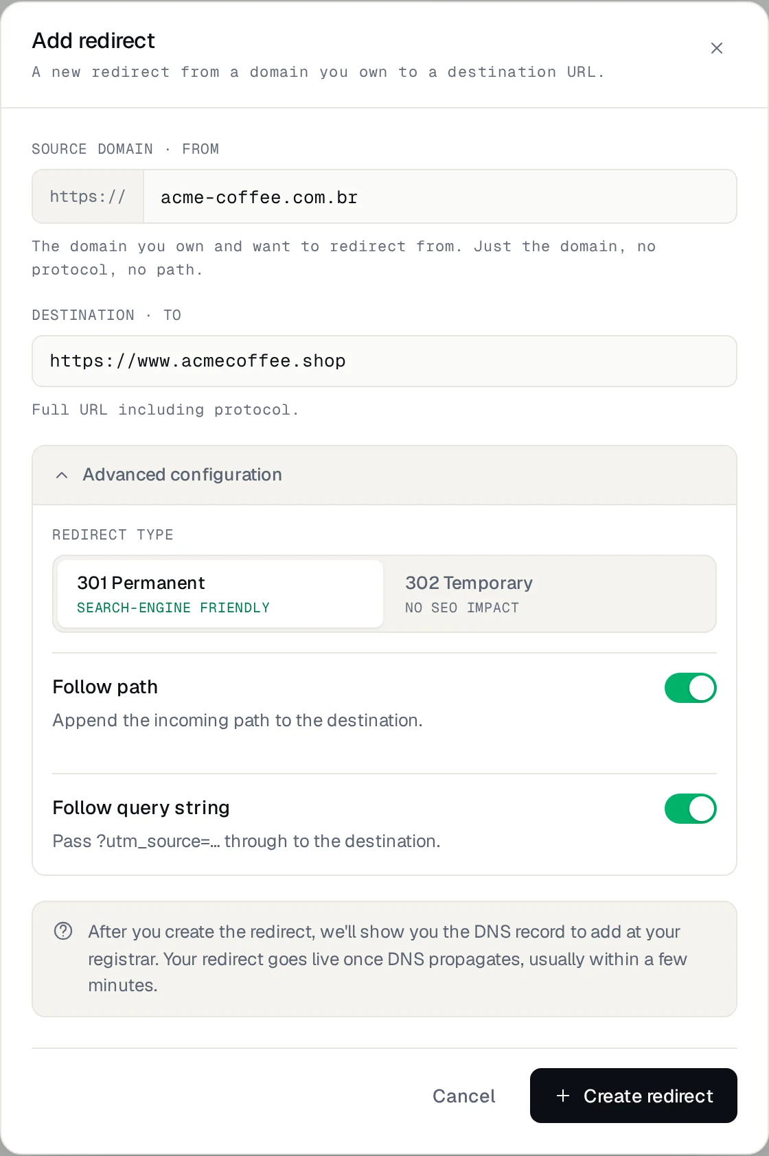 Add redirect dialog with source domain, destination URL and the advanced options open