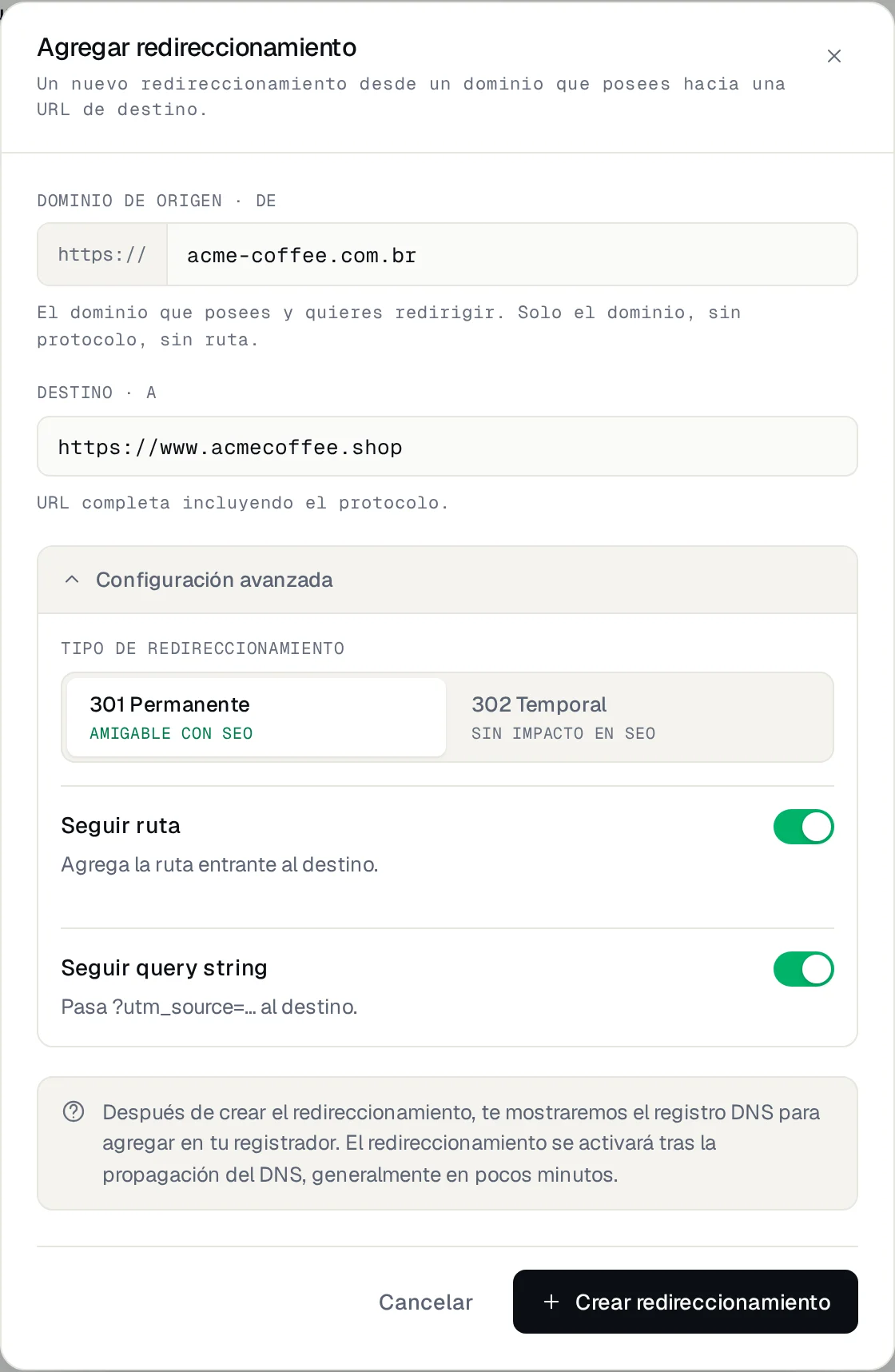 Ventana Agregar redirección con dominio de origen, URL de destino y las opciones avanzadas abiertas
