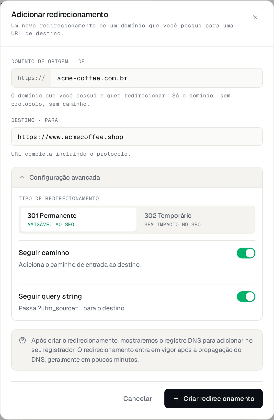 Janela Adicionar redirecionamento com domínio de origem, URL de destino e as opções avançadas abertas