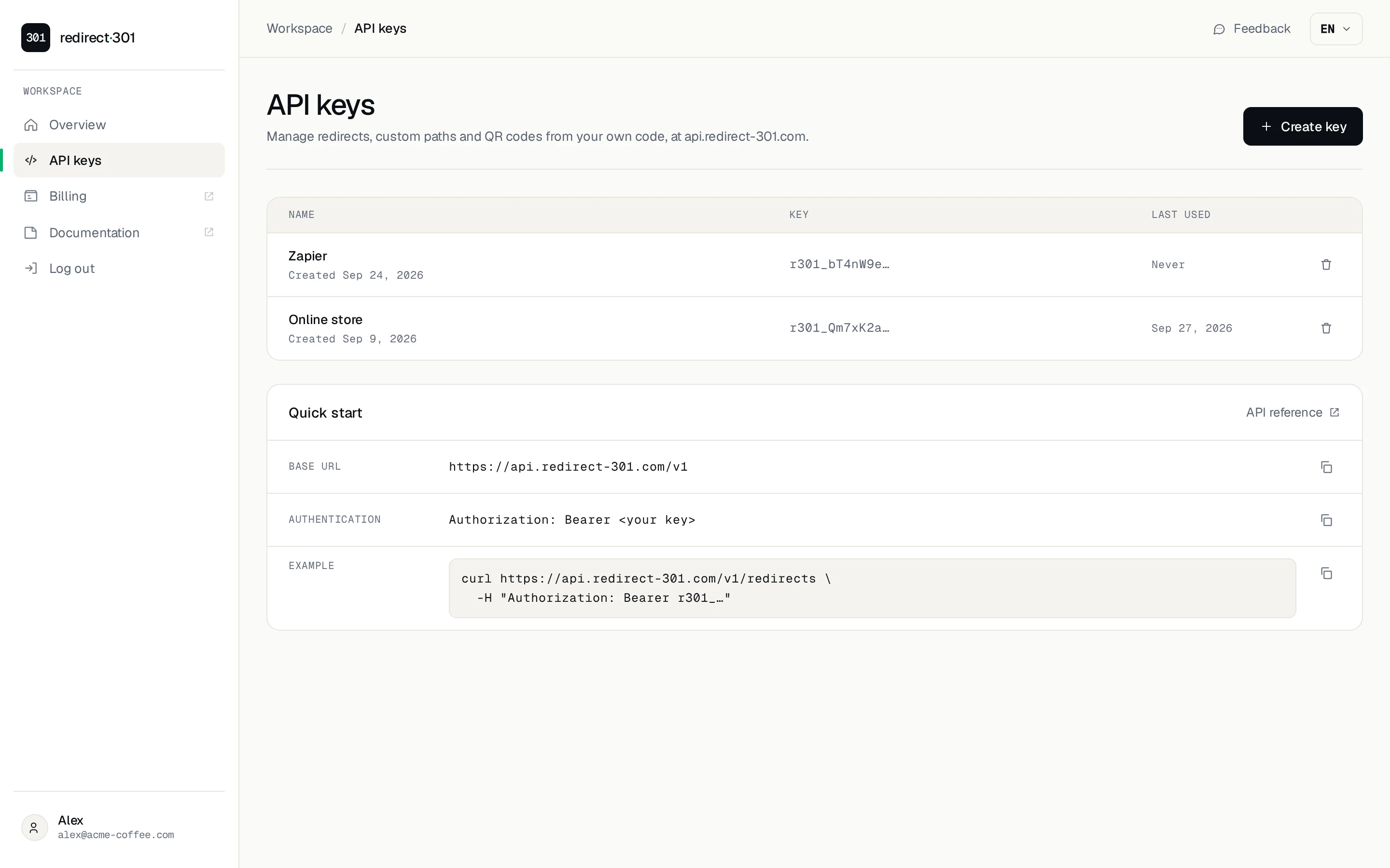 API keys page with two keys, when each was last used, and the base URL and authentication header