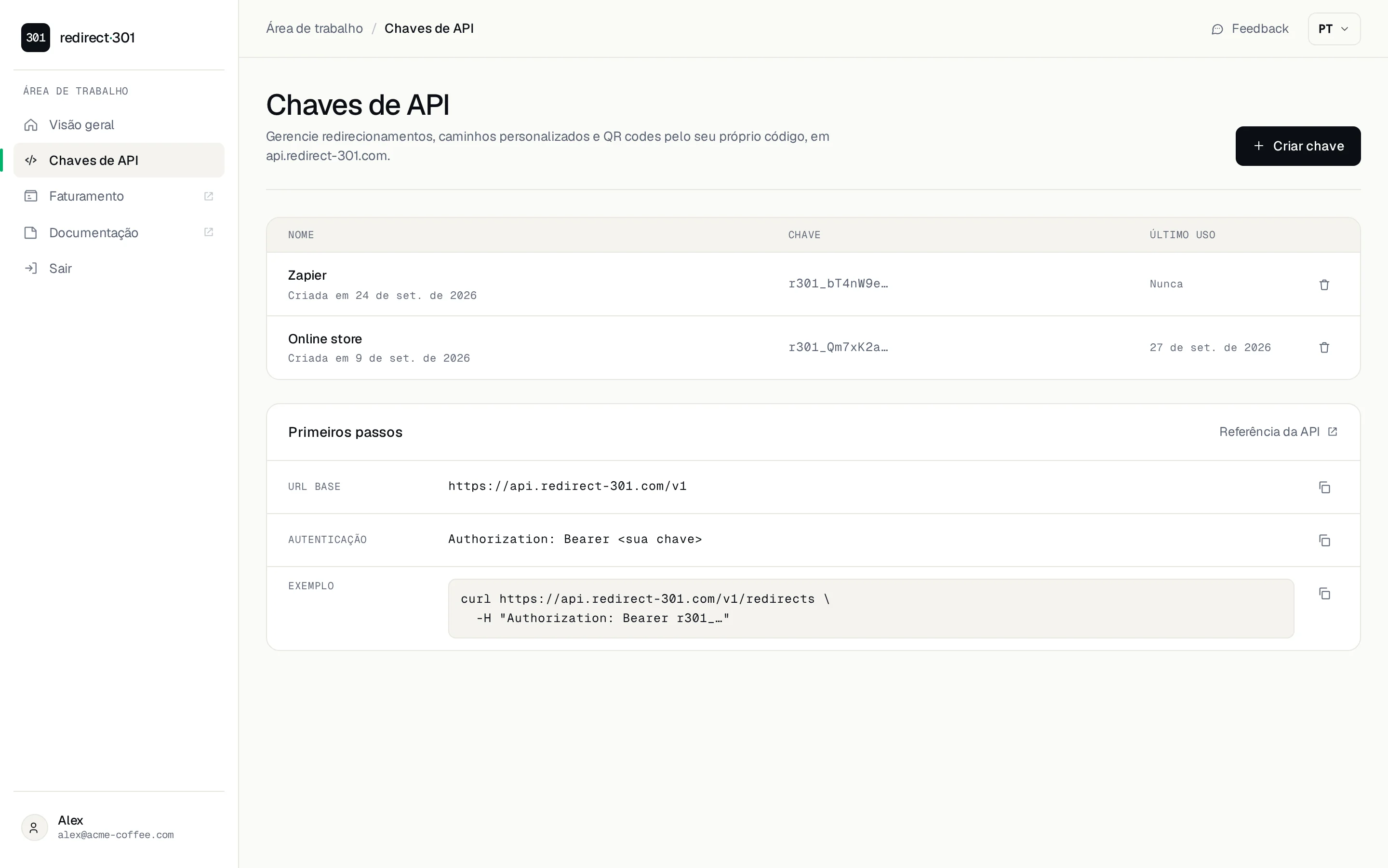 Página Chaves de API com duas chaves, quando cada uma foi usada pela última vez, a URL base e o cabeçalho de autenticação