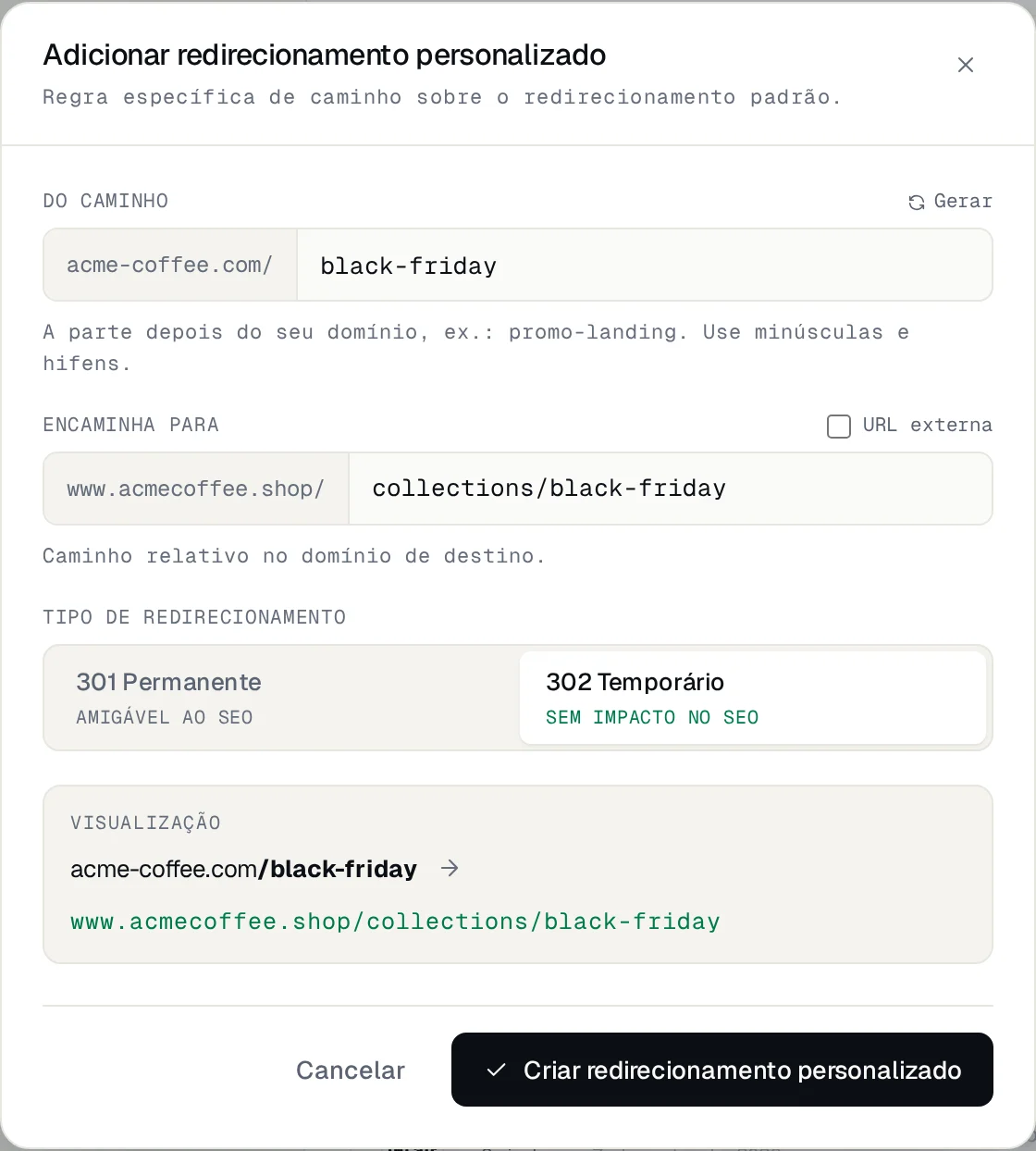 Janela Adicionar redirecionamento personalizado para o caminho black-friday com 302 e visualização do destino