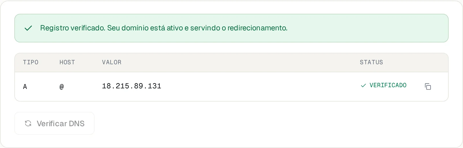 Passo de DNS mostrando um registro A verificado