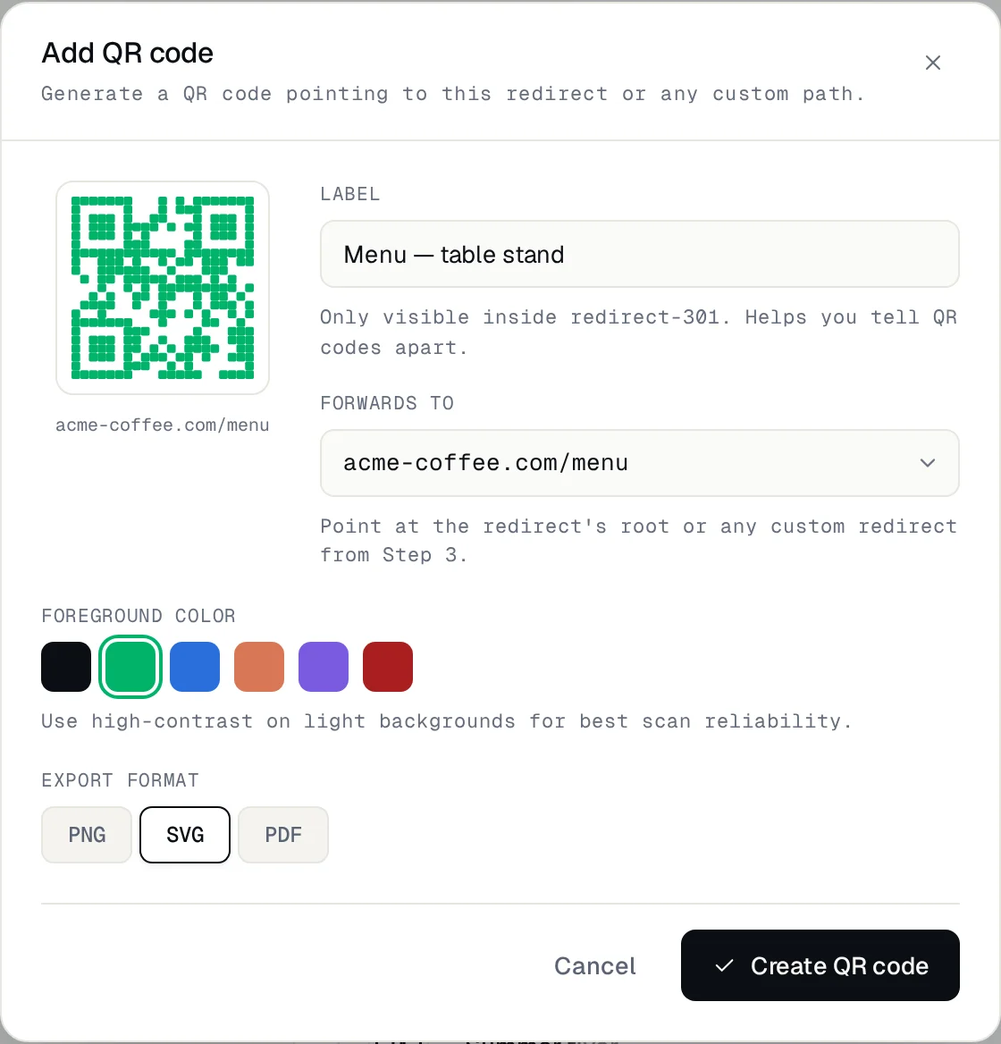 Add QR code dialog with a label, the /menu path, a green color and SVG format