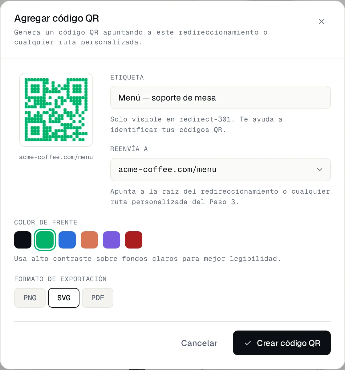 Ventana Agregar código QR con etiqueta, la ruta /menu, color verde y formato SVG