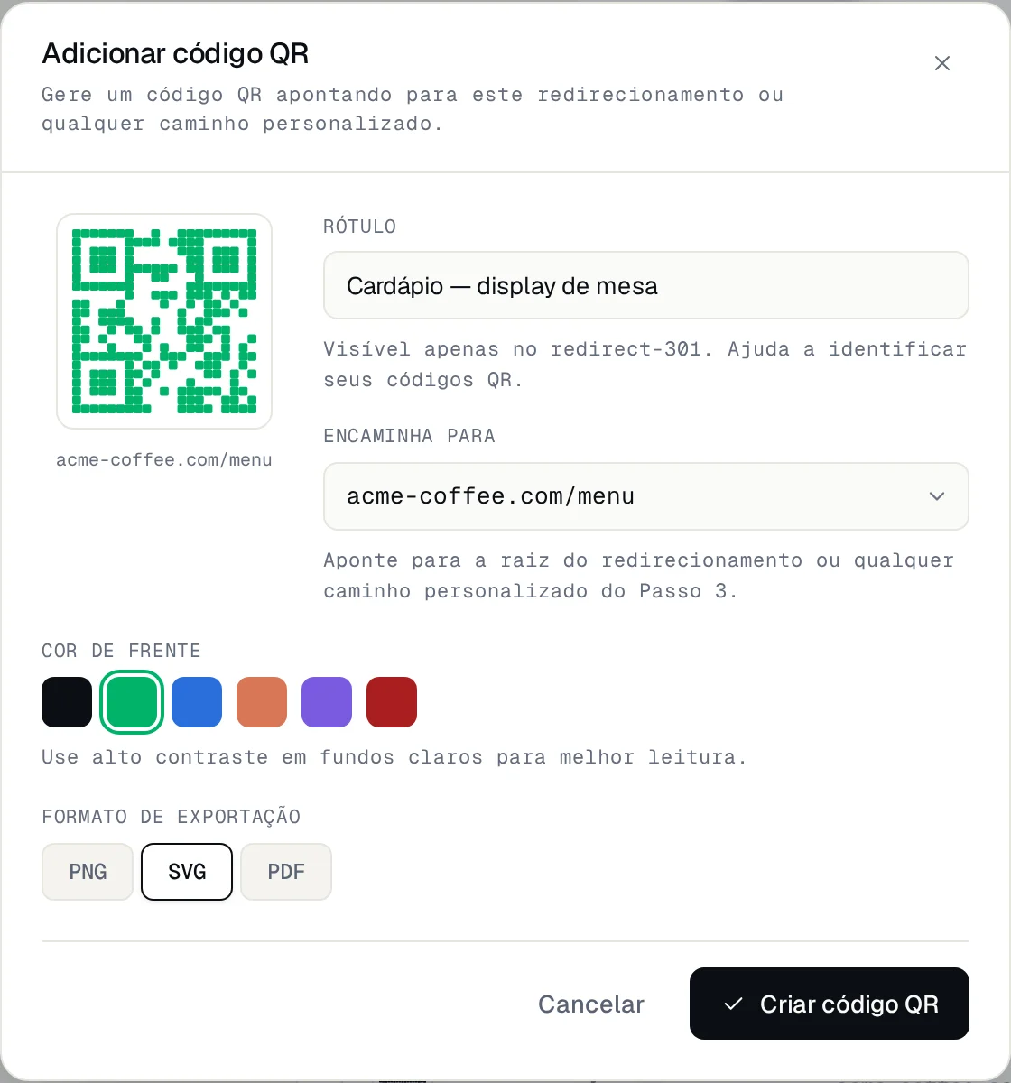 Janela Adicionar código QR com rótulo, o caminho /menu, cor verde e formato SVG