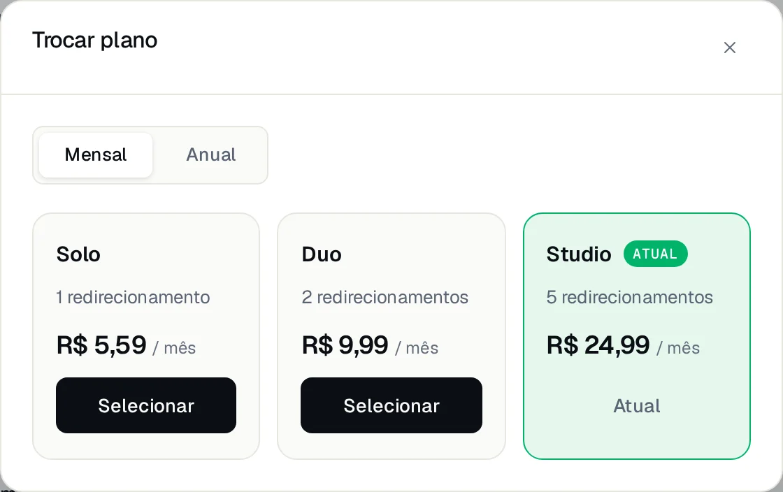 Janela Trocar plano com Solo, Duo e Studio, o plano atual marcado e a opção mensal/anual